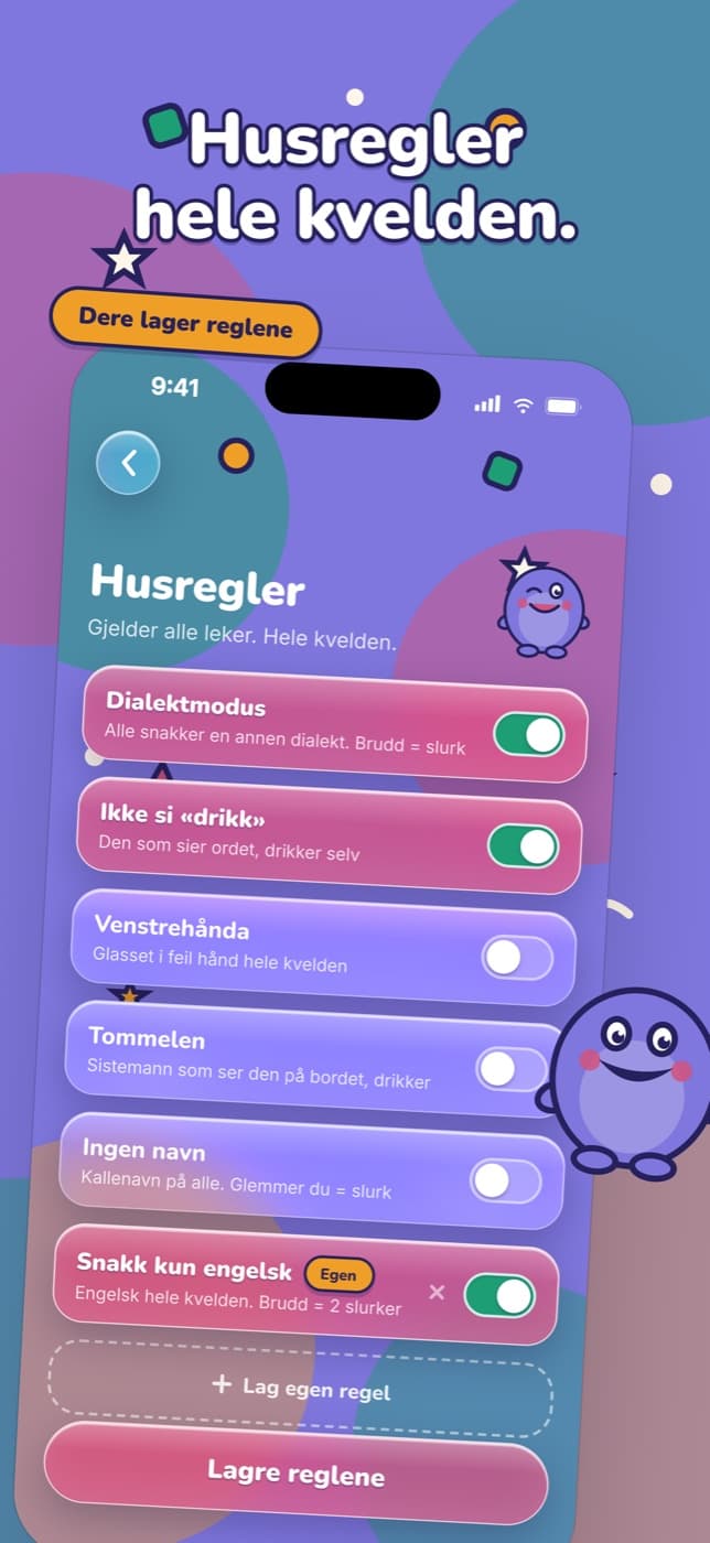 Husregler krydrer hele kvelden — skru på våre, eller lag deres egne.